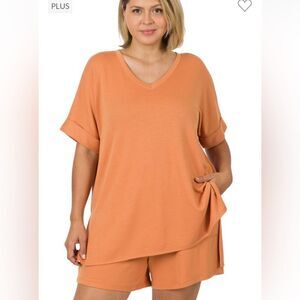 Plus size cute short T-shirt set BUTTER ORANGE‎